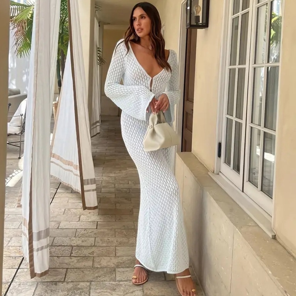 Crochet knit Fishtail Flare Sleeve Maxi Dress swimsuit cover up dress - โจ๐ฅ๐ฅ๐ฅโจ - Picture 2 of 9